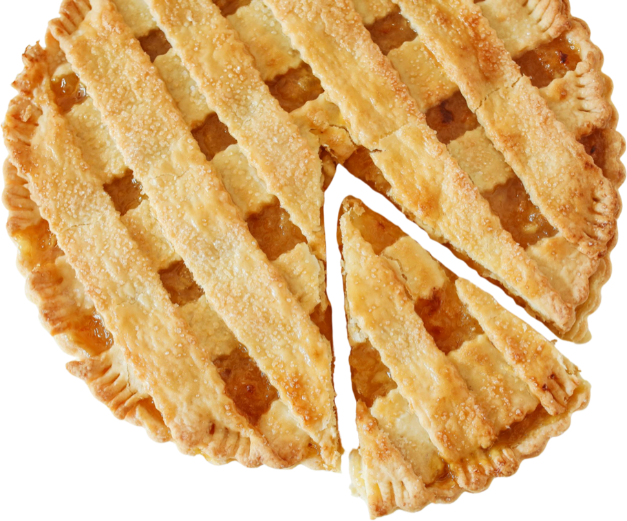 A fresh-baked lattice fruit pie with one slice cut